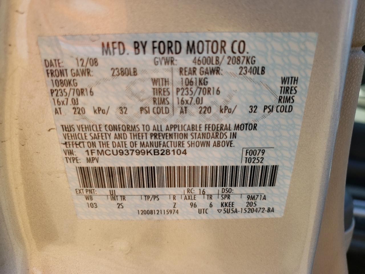 Photo 10 from auction – 2009 FORD ESCAPE XLT with VIN 1FMCU93799KB28104