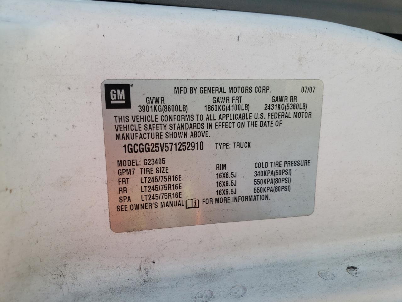 Photo 10 from auction – 2007 CHEVROLET EXPRESS G2 with VIN 1GCGG25V571252910