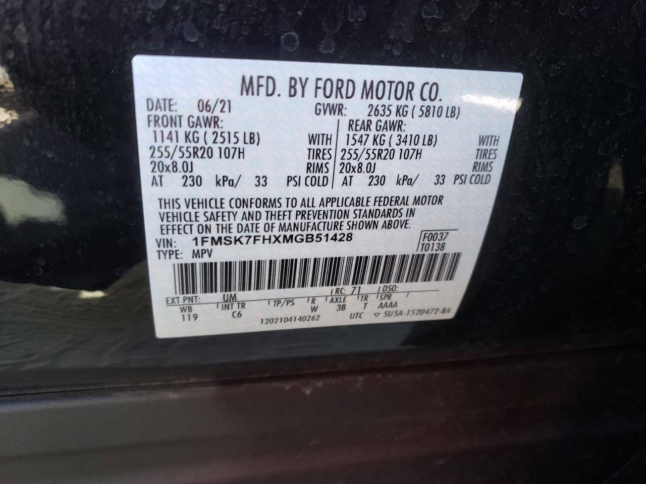 Photo 10 from auction – 2021 FORD EXPLORER L with VIN 1FMSK7FHXMGB51428