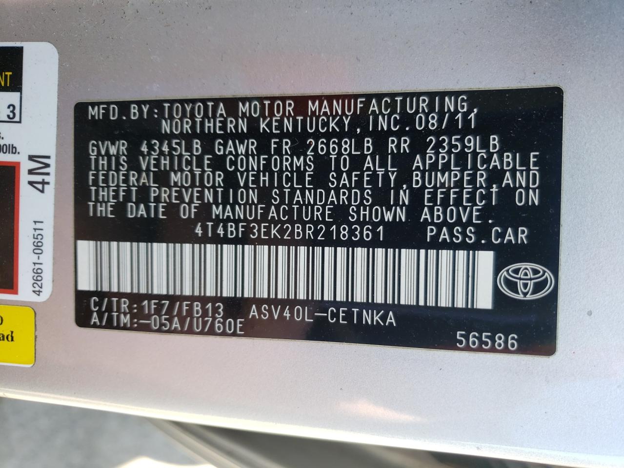 Photo 10 from auction – 2011 TOYOTA CAMRY BASE with VIN 4T4BF3EK2BR218361