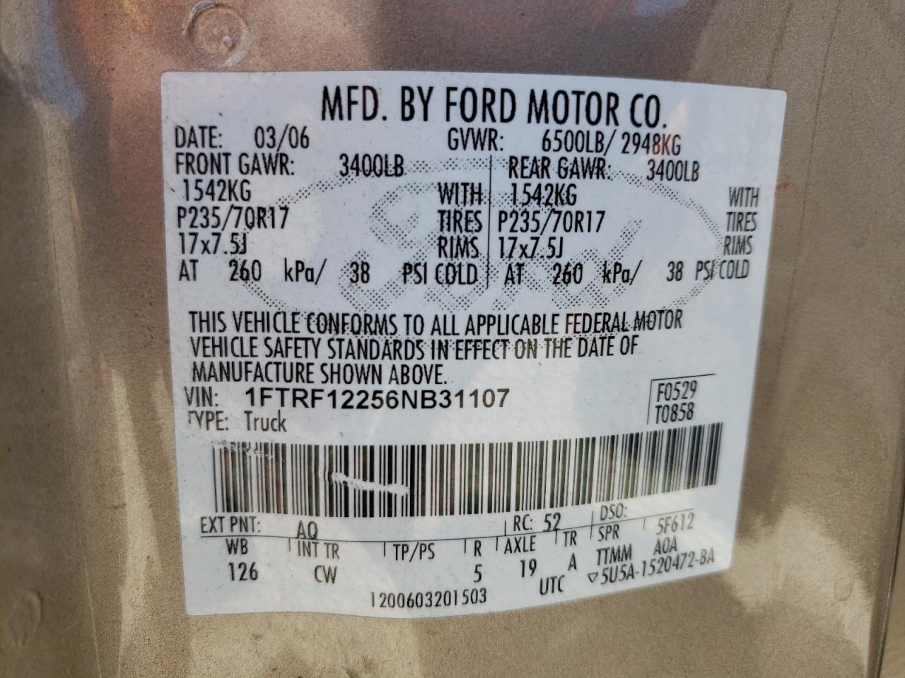 Photo 10 from auction – 2006 FORD F150 with VIN 1FTRF12256NB31107