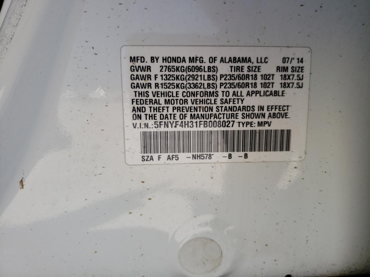 Photo 10 from auction – 2015 HONDA PILOT SE with VIN 5FNYF4H31FB008027