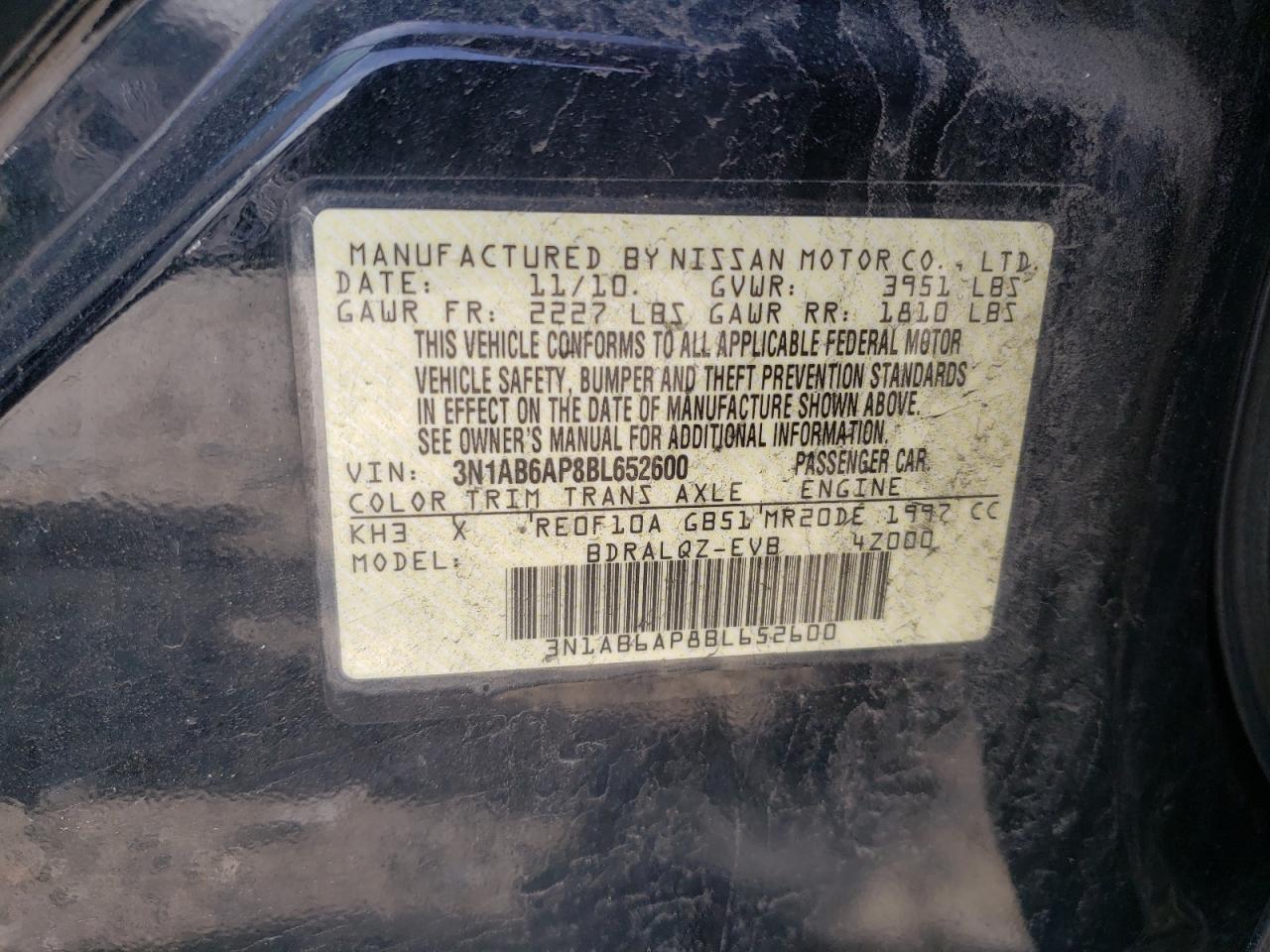 Photo 10 from auction – 2011 NISSAN SENTRA 2.0 with VIN 3N1AB6AP8BL652600