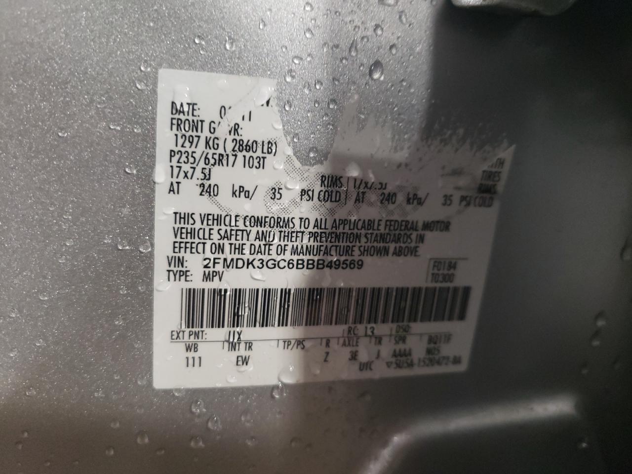 Photo 10 from auction – 2011 FORD EDGE SE with VIN 2FMDK3GC6BBB49569