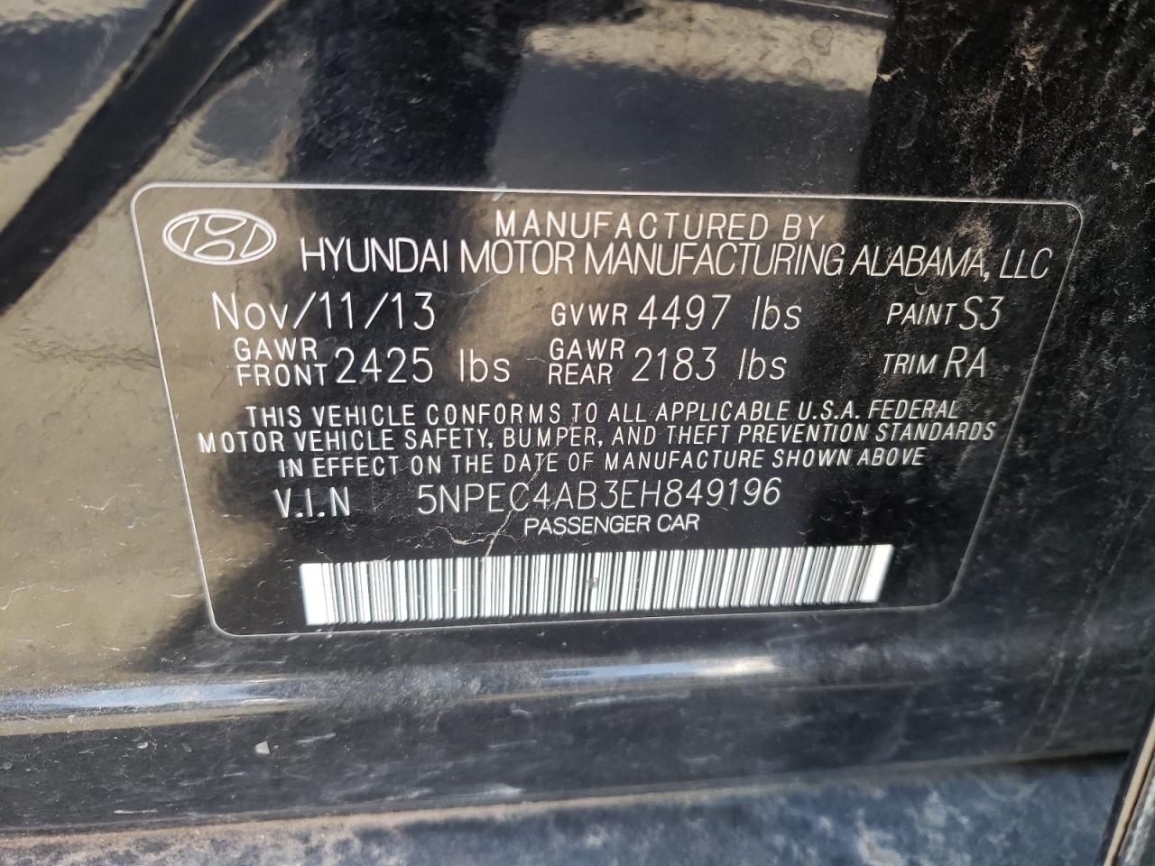 Photo 10 from auction – 2014 HYUNDAI SONATA SE with VIN 5NPEC4AB3EH849196