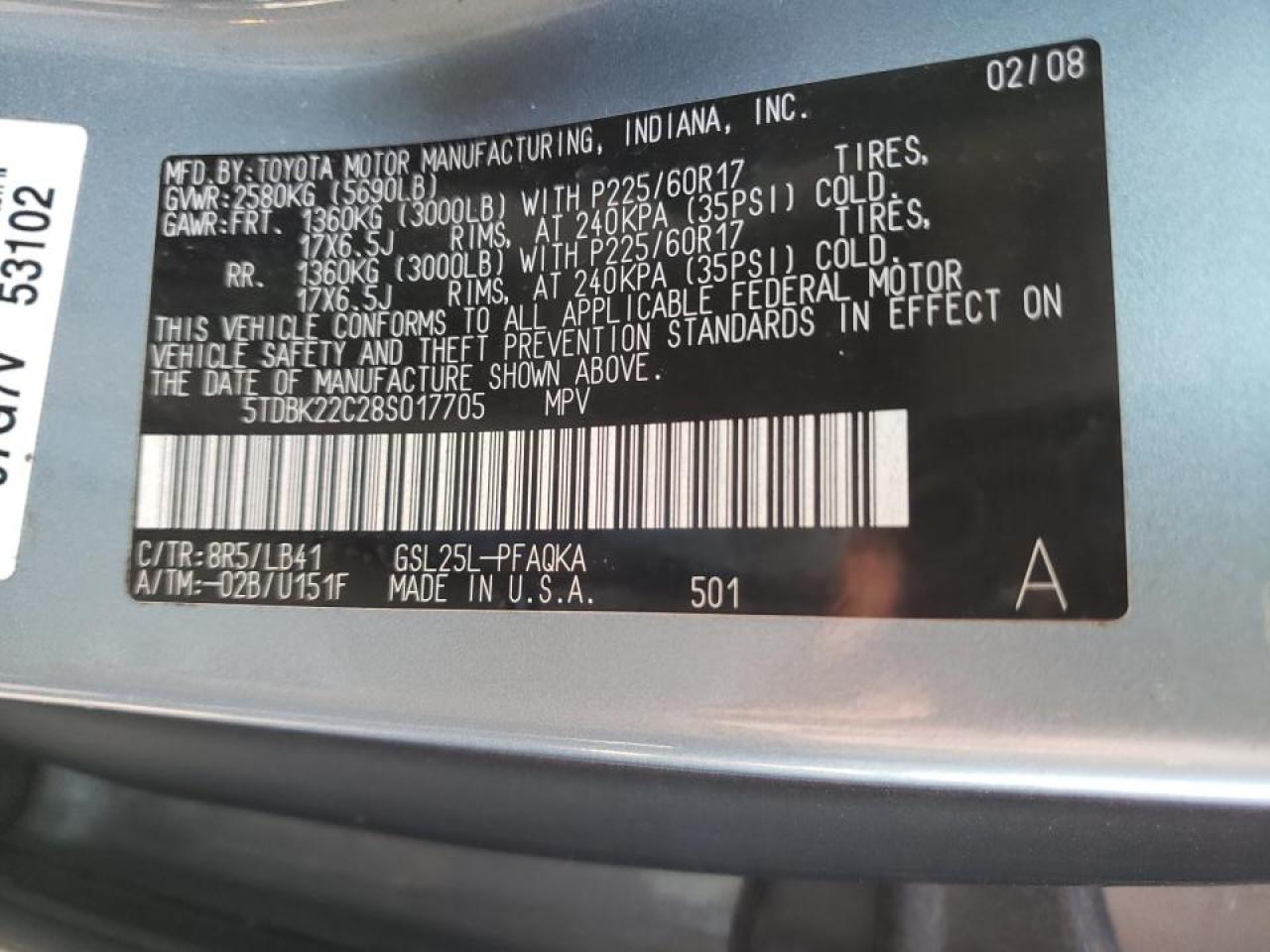 Photo 10 from auction – 2008 TOYOTA SIENNA XLE with VIN 5TDBK22C28S017705