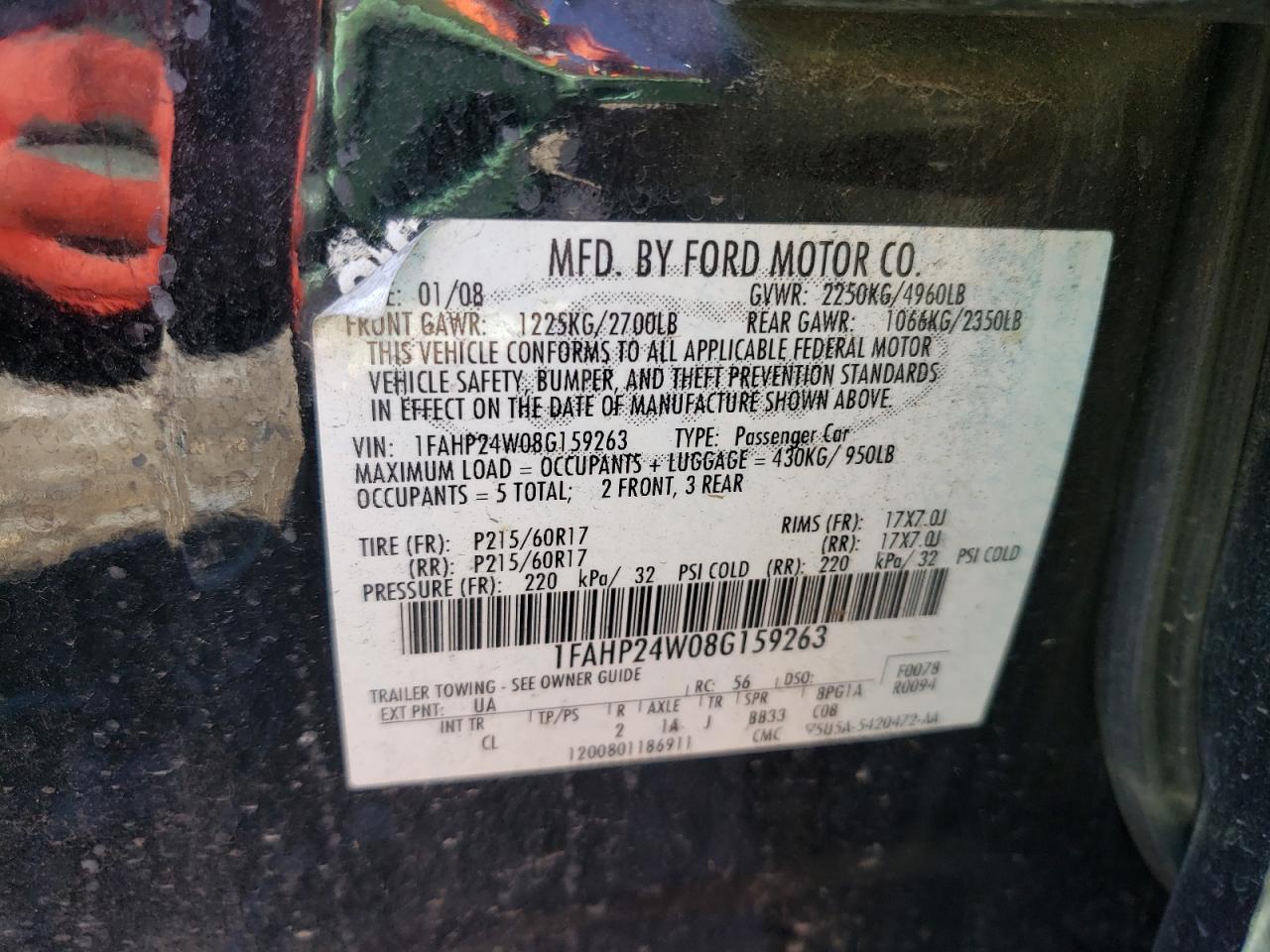 Photo 10 from auction – 2008 FORD TAURUS SEL with VIN 1FAHP24W08G159263