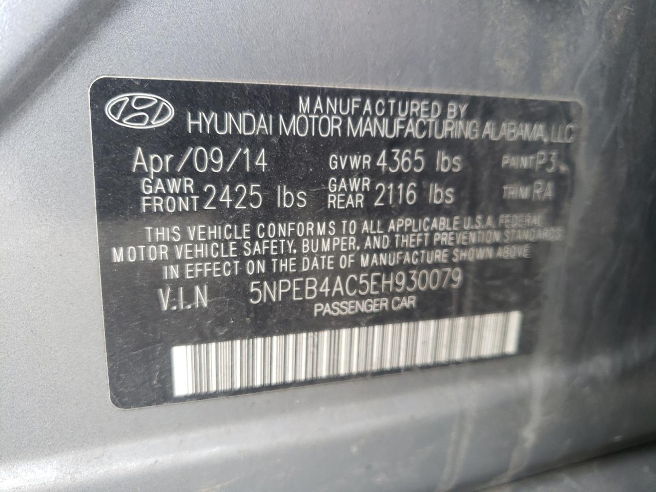 Photo 10 from auction – 2014 HYUNDAI SONATA GLS with VIN 5NPEB4AC5EH930079