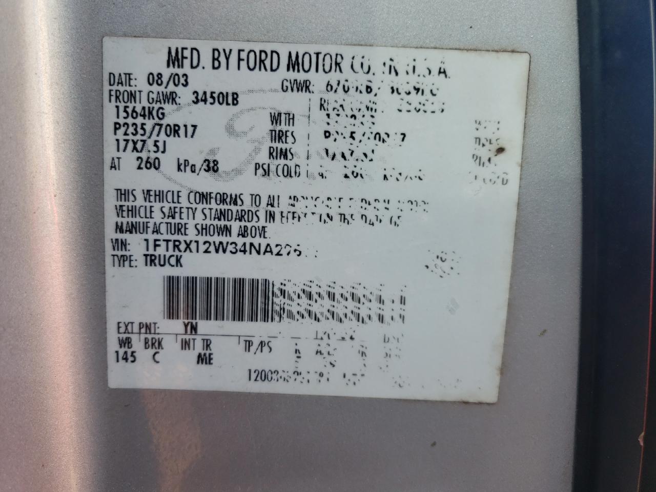 Photo 10 from auction – 2004 FORD F150 with VIN 1FTRX12W34NA29611