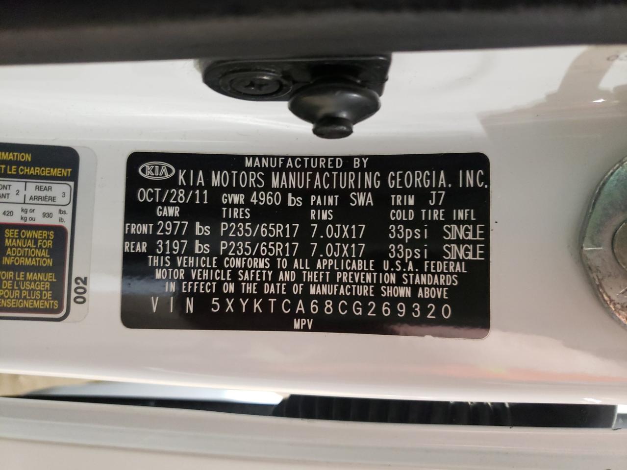Photo 10 from auction – 2012 KIA SORENTO BA with VIN 5XYKTCA68CG269320