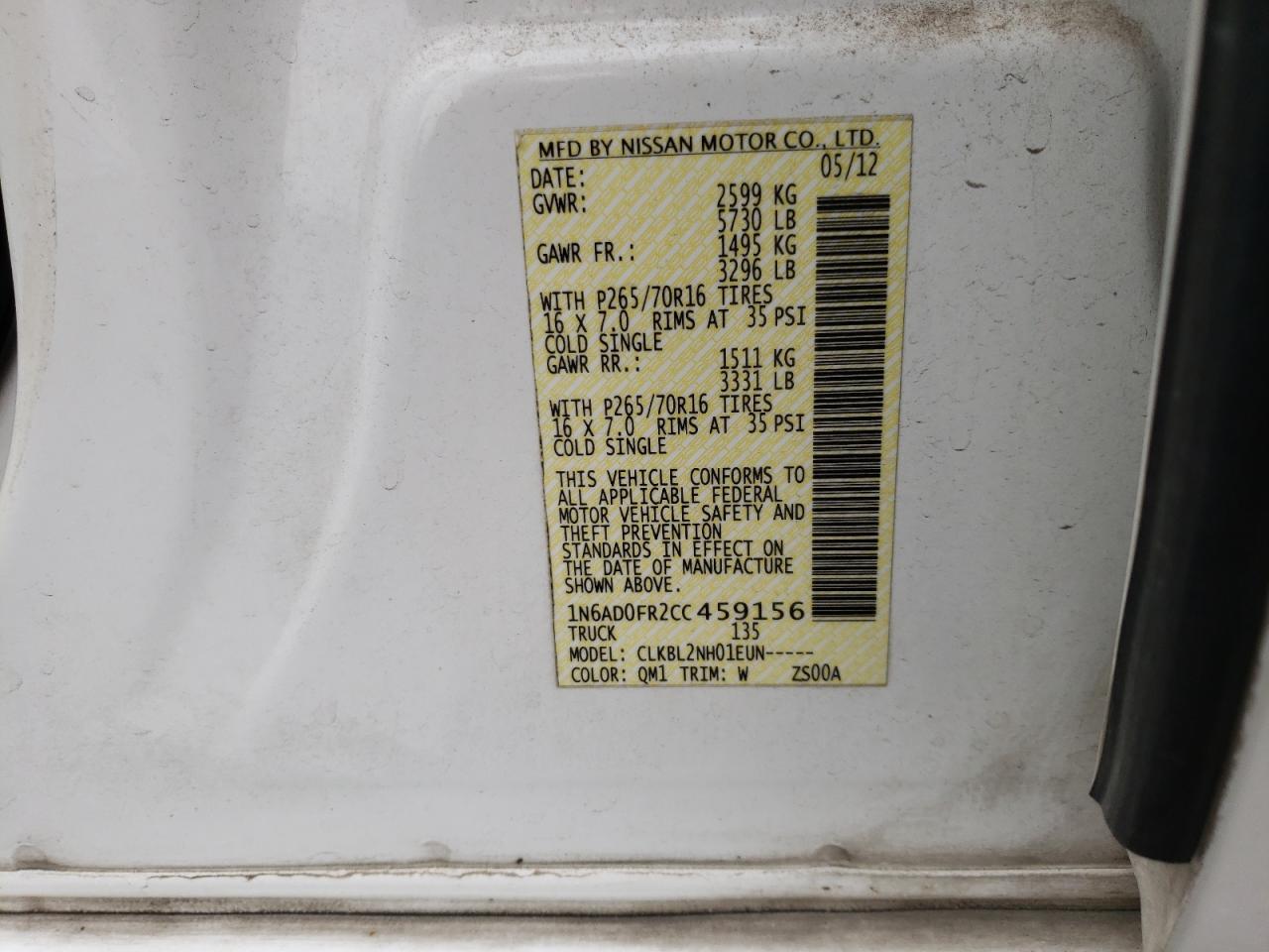 Photo 10 from auction – 2012 NISSAN FRONTIER S with VIN 1N6AD0FR2CC459156