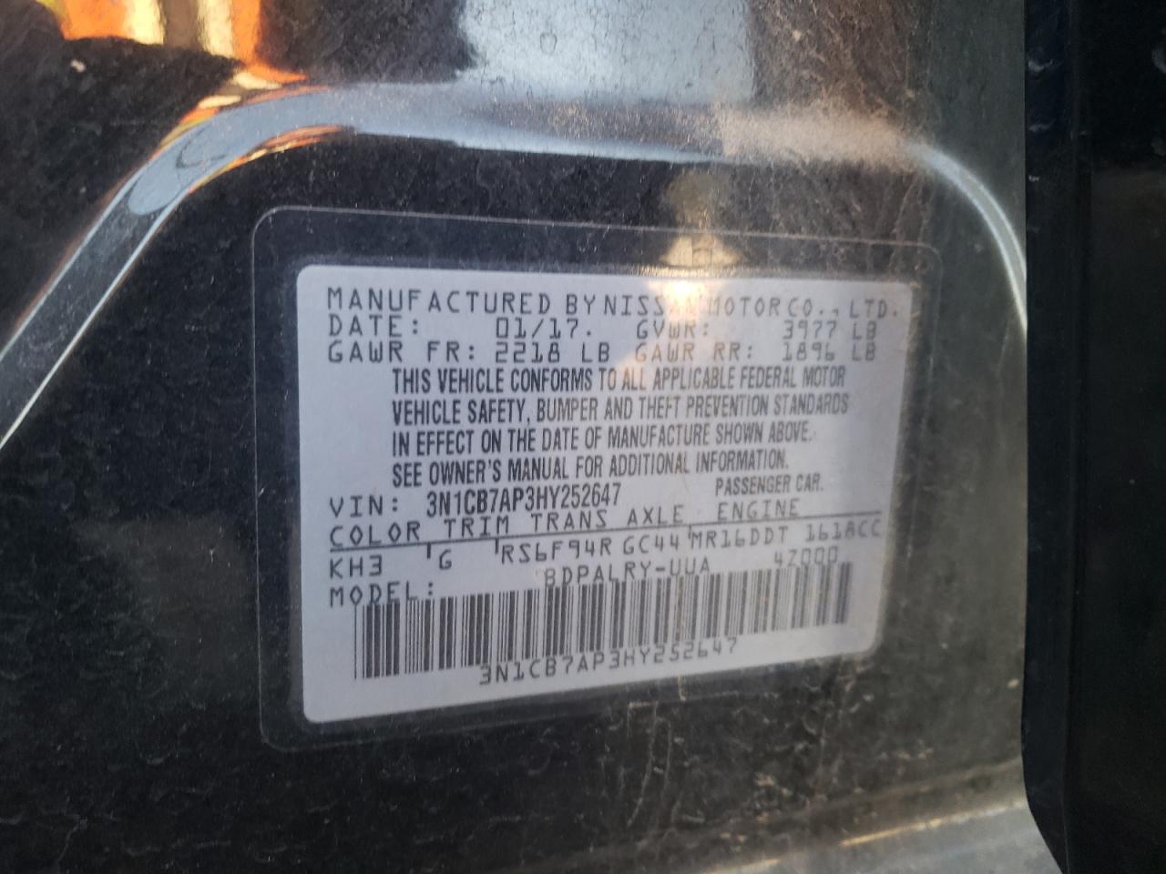 Photo 10 from auction – 2017 NISSAN SENTRA SR with VIN 3N1CB7AP3HY252647