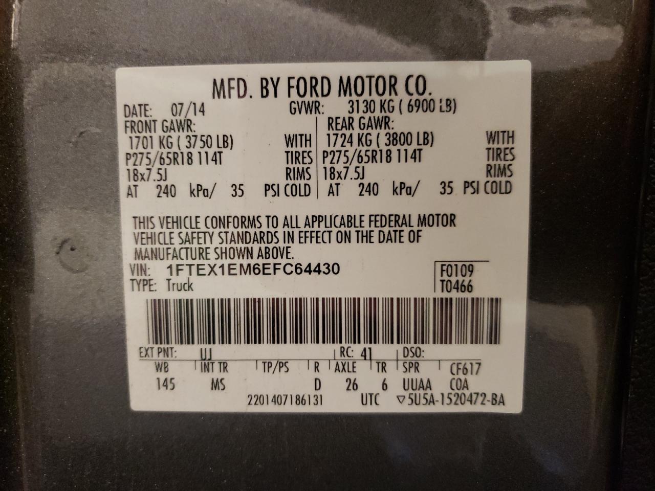 Photo 10 from auction – 2014 FORD F150 SUPER with VIN 1FTEX1EM6EFC64430