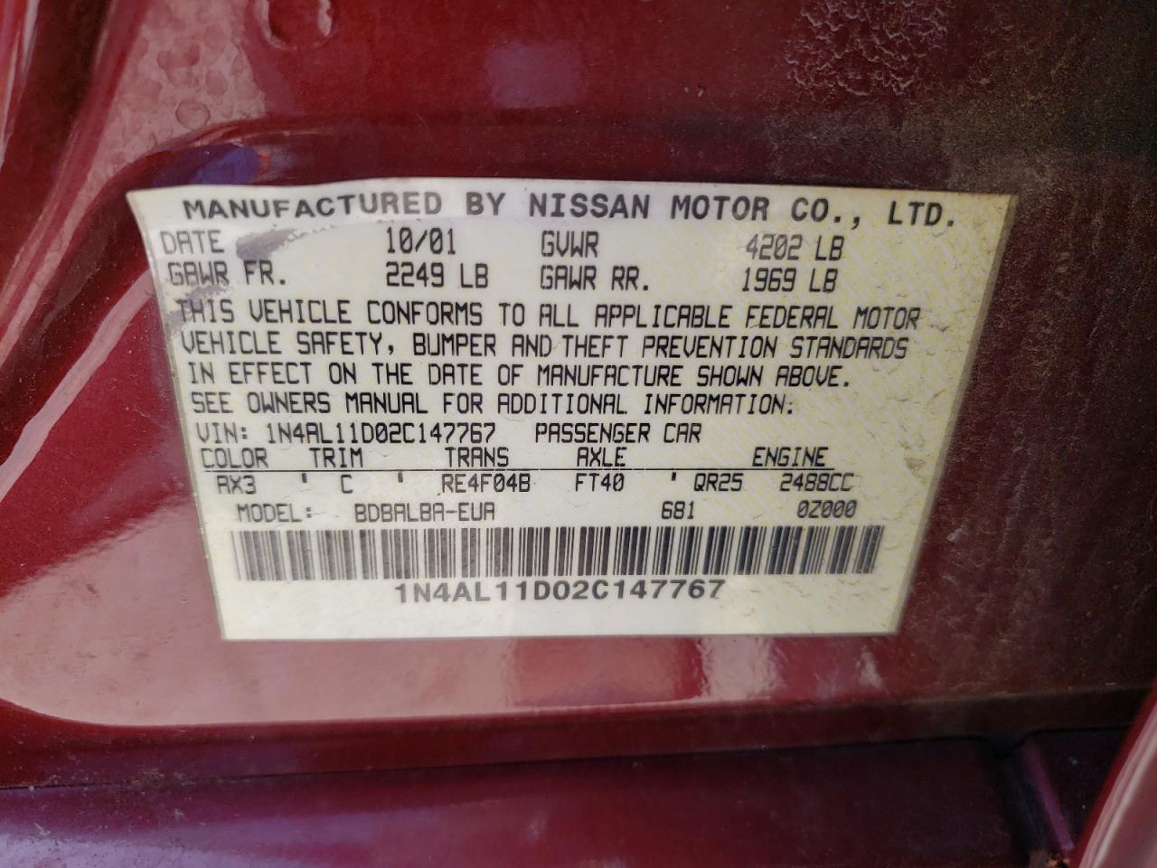 Photo 10 from auction – 2002 NISSAN ALTIMA BAS with VIN 1N4AL11D02C147767