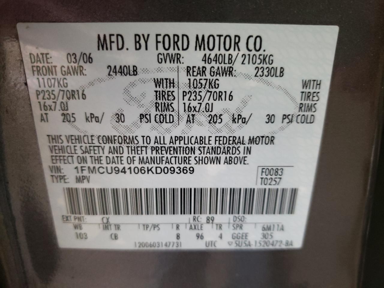 Photo 10 from auction – 2006 FORD ESCAPE LIM with VIN 1FMCU94106KD09369