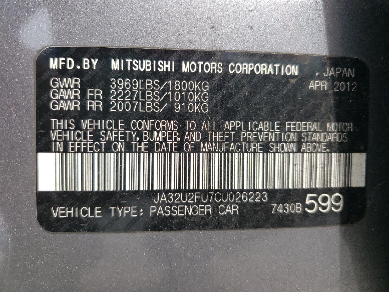 Photo 10 from auction – 2012 MITSUBISHI LANCER ES/ with VIN JA32U2FU7CU026223