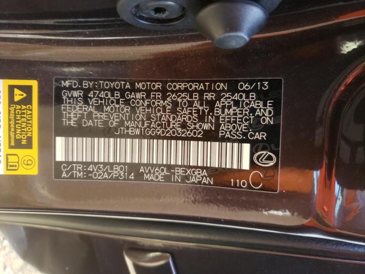 Photo 10 from auction – 2013 LEXUS ES 300H with VIN JTHBW1GG9D2032602