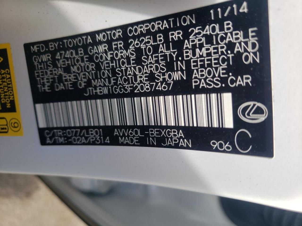 Photo 10 from auction – 2015 LEXUS ES 300H with VIN JTHBW1GG3F2087467