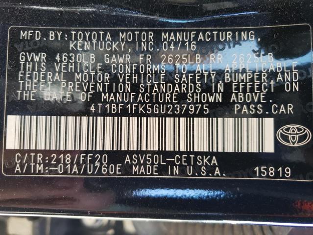 Photo 10 from auction – 2016 TOYOTA CAMRY LE with VIN 4T1BF1FK5GU237975