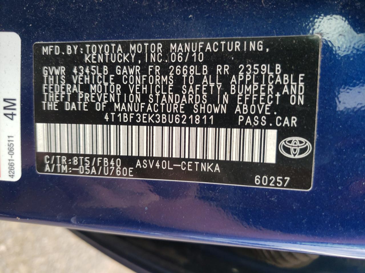 Photo 10 from auction – 2011 TOYOTA CAMRY BASE with VIN 4T1BF3EK3BU621811