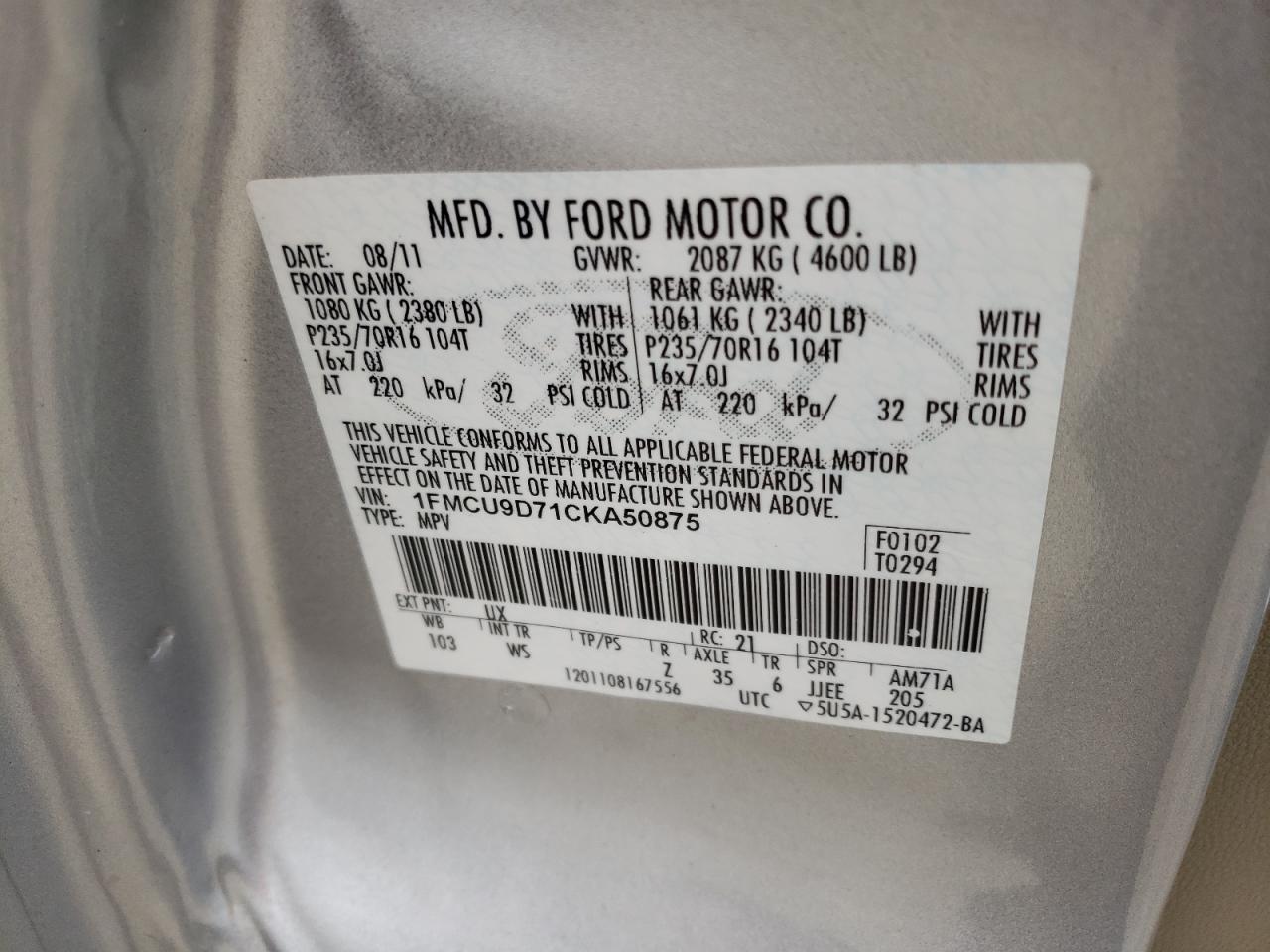 Photo 10 from auction – 2012 FORD ESCAPE XLT with VIN 1FMCU9D71CKA50875