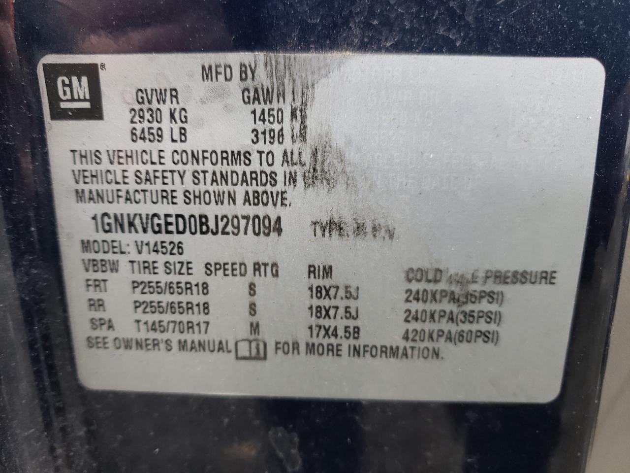 Photo 10 from auction – 2011 CHEVROLET TRAVERSE L with VIN 1GNKVGED0BJ297094