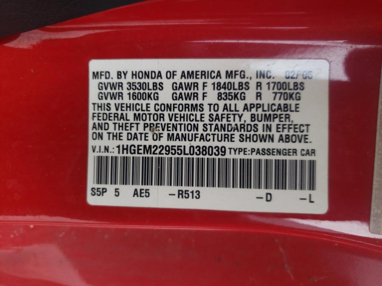 Photo 10 from auction – 2005 HONDA CIVIC EX with VIN 1HGEM22955L038039