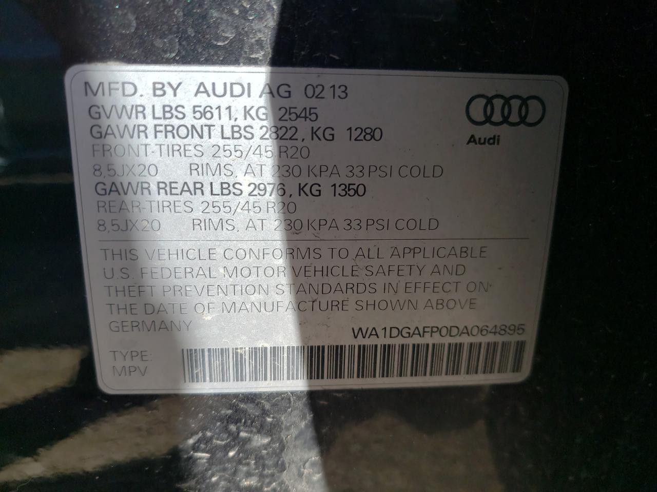 Photo 10 from auction – 2013 AUDI Q5 PREMIUM with VIN WA1DGAFP0DA064895