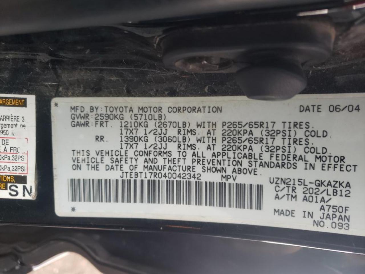 Photo 10 from auction – 2004 TOYOTA 4RUNNER LI with VIN JTEBT17R040042342