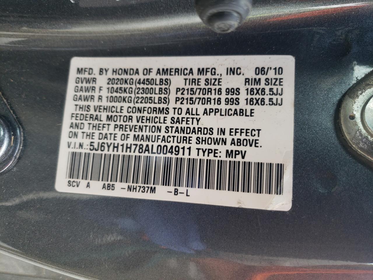 Photo 10 from auction – 2010 HONDA ELEMENT EX with VIN 5J6YH1H78AL004911