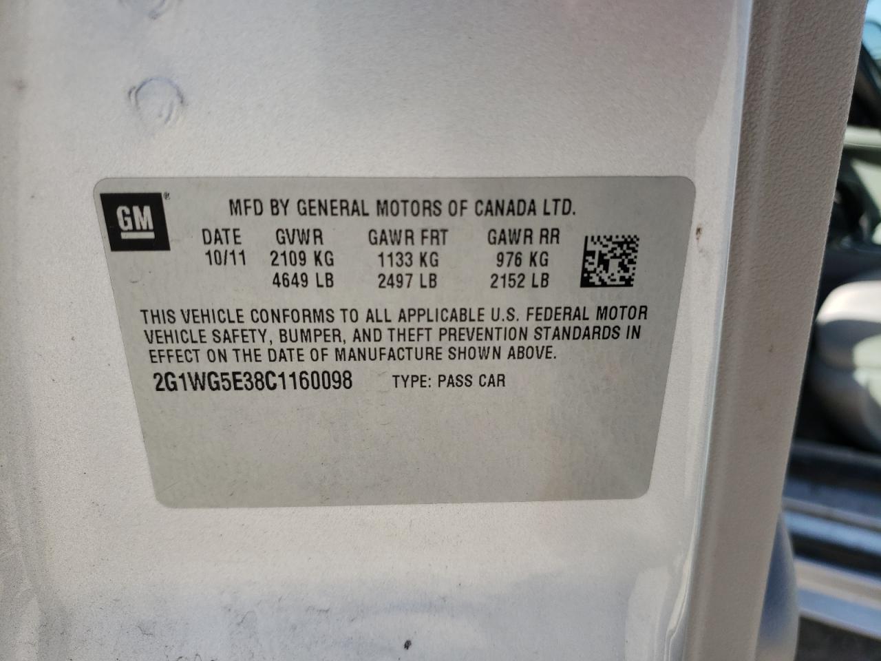 Photo 10 from auction – 2012 CHEVROLET IMPALA LT with VIN 2G1WG5E38C1160098