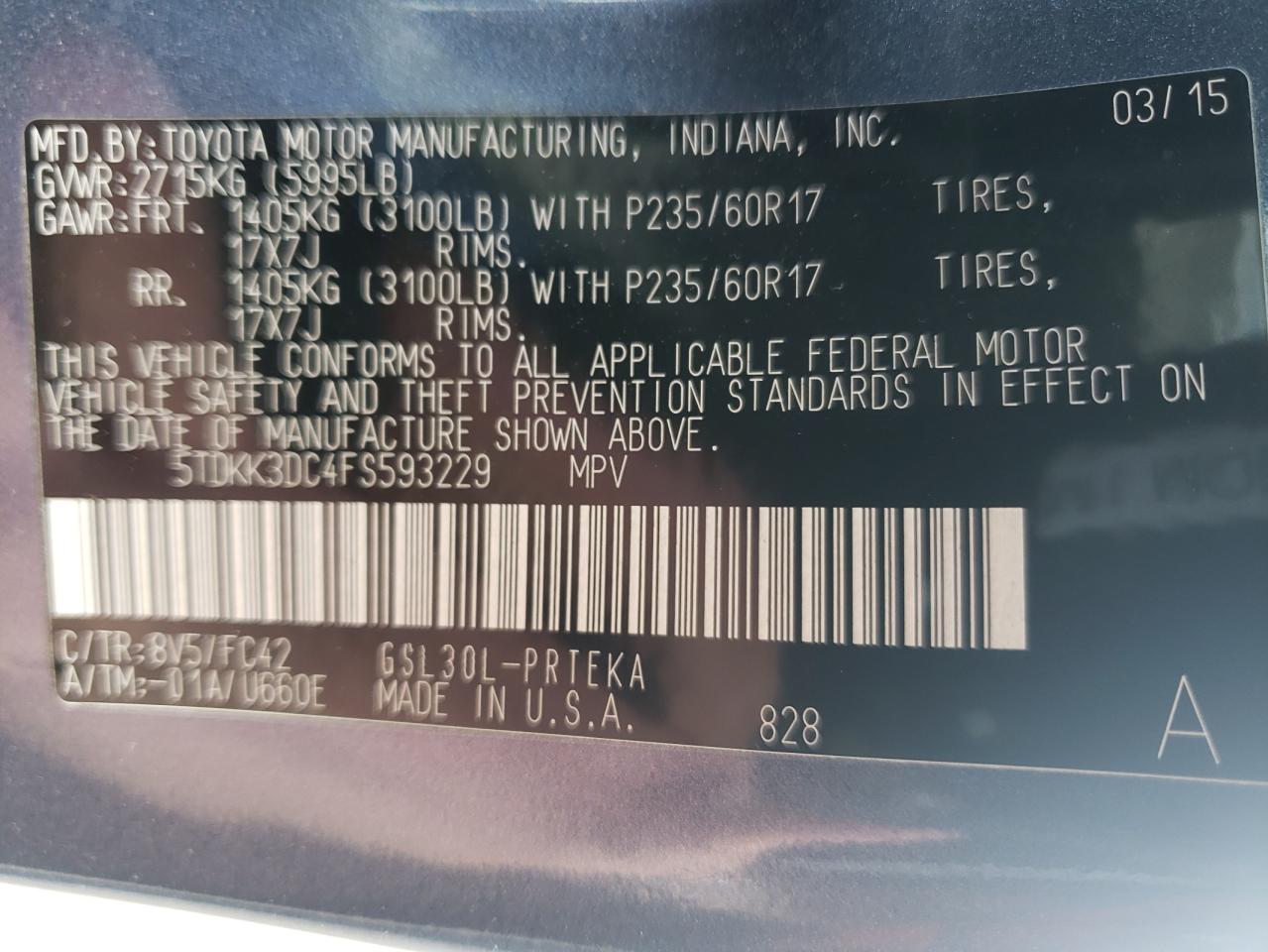 Photo 10 from auction – 2015 TOYOTA SIENNA LE with VIN 5TDKK3DC4FS593229