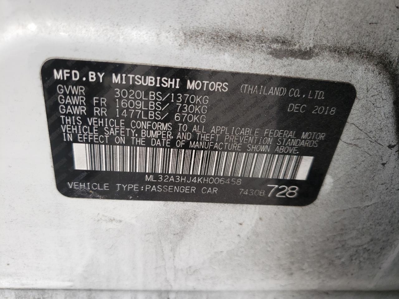 Photo 10 from auction – 2019 MITSUBISHI MIRAGE ES with VIN ML32A3HJ4KH006458