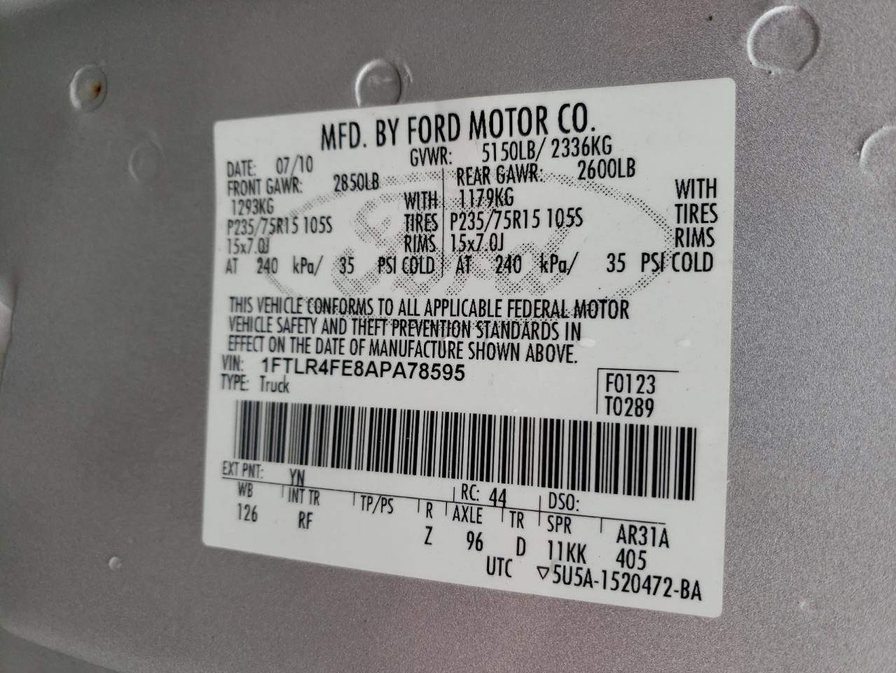 Zdjęcie 10 z aukcji – 2010 FORD RANGER SUP z VIN 1FTLR4FE8APA78595