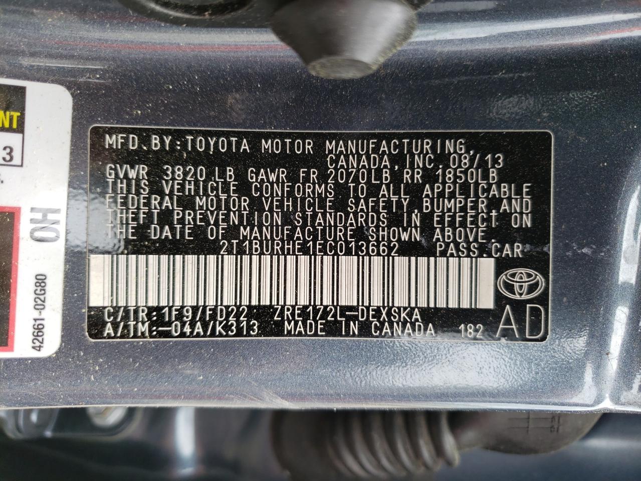 Photo 10 from auction – 2014 TOYOTA COROLLA L with VIN 2T1BURHE1EC013662