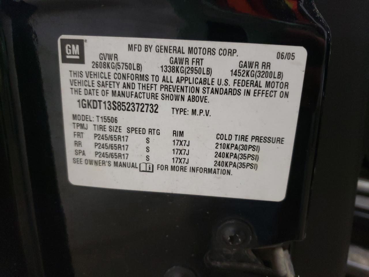 Photo 10 from auction – 2005 GMC ENVOY with VIN 1GKDT13S852372732