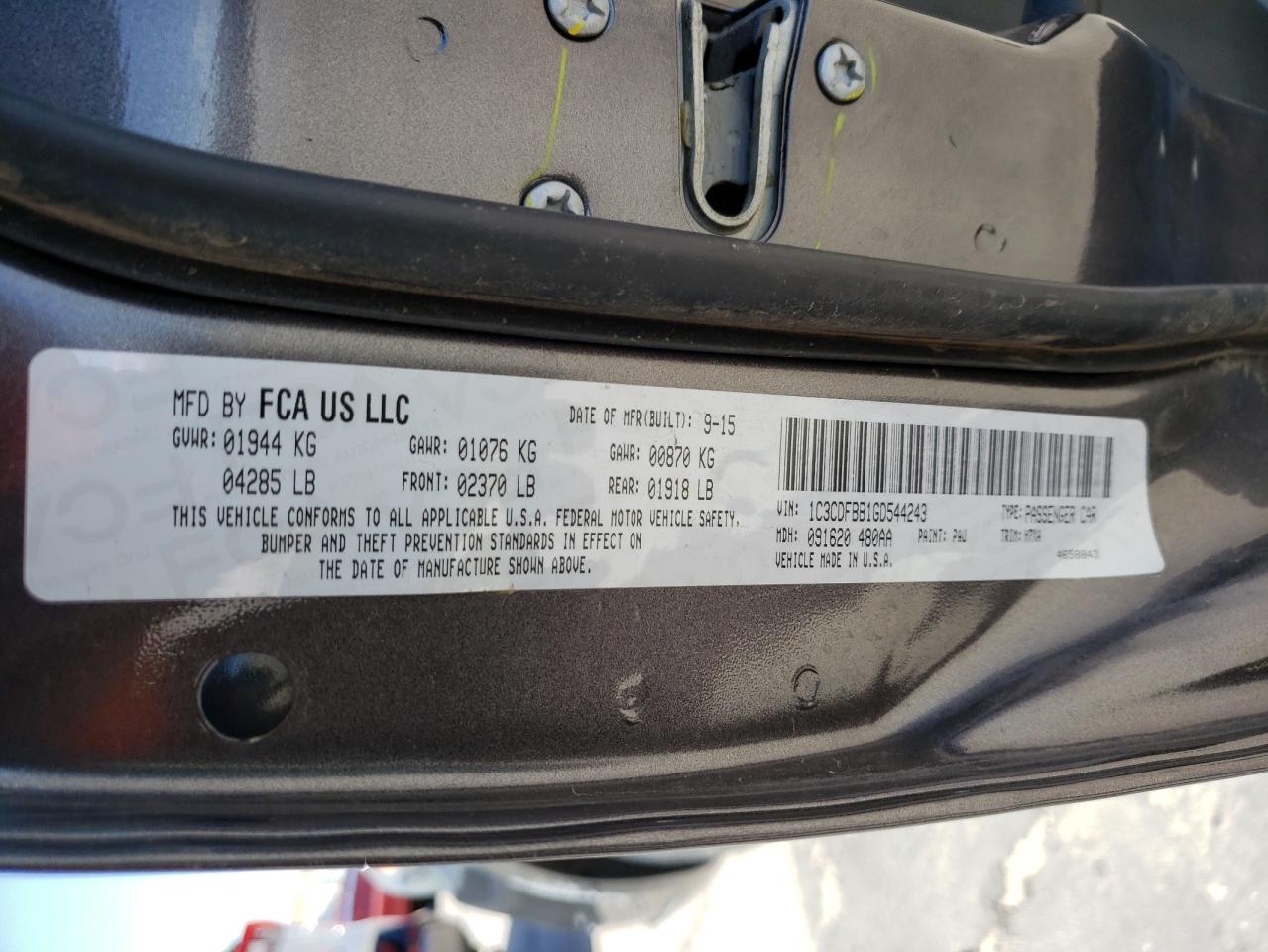 Photo 10 from auction – 2016 DODGE DART SXT with VIN 1C3CDFBB1GD544243