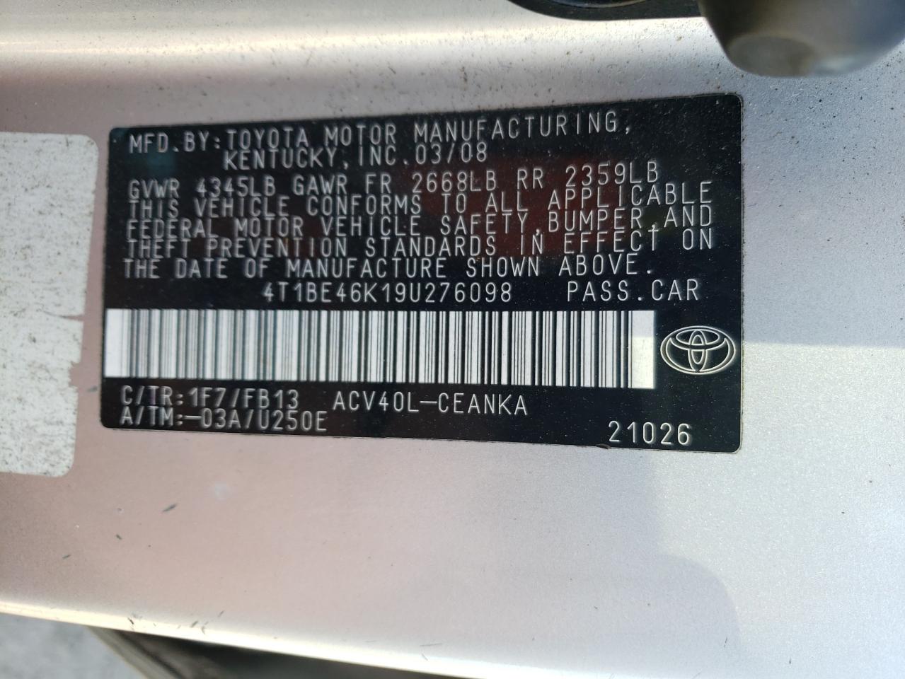 Photo 10 from auction – 2009 TOYOTA CAMRY BASE with VIN 4T1BE46K19U276098