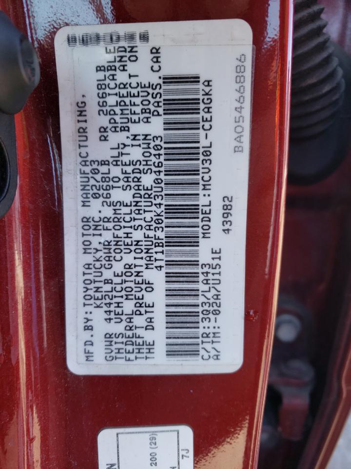 Photo 10 from auction – 2003 TOYOTA CAMRY LE with VIN 4T1BF30K43U046403