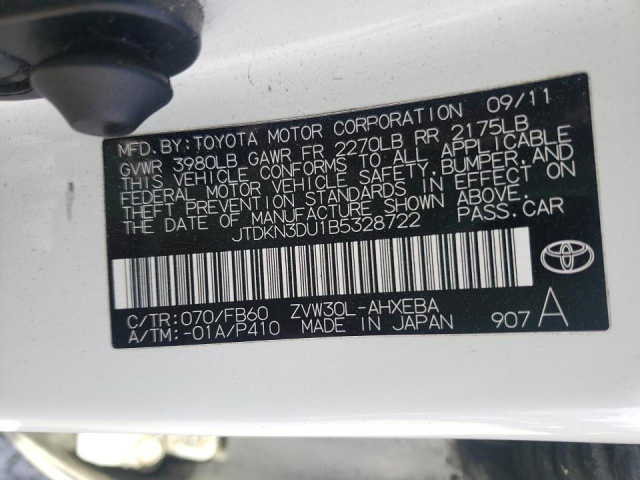 Photo 10 from auction – 2011 TOYOTA PRIUS with VIN JTDKN3DU1B5328722
