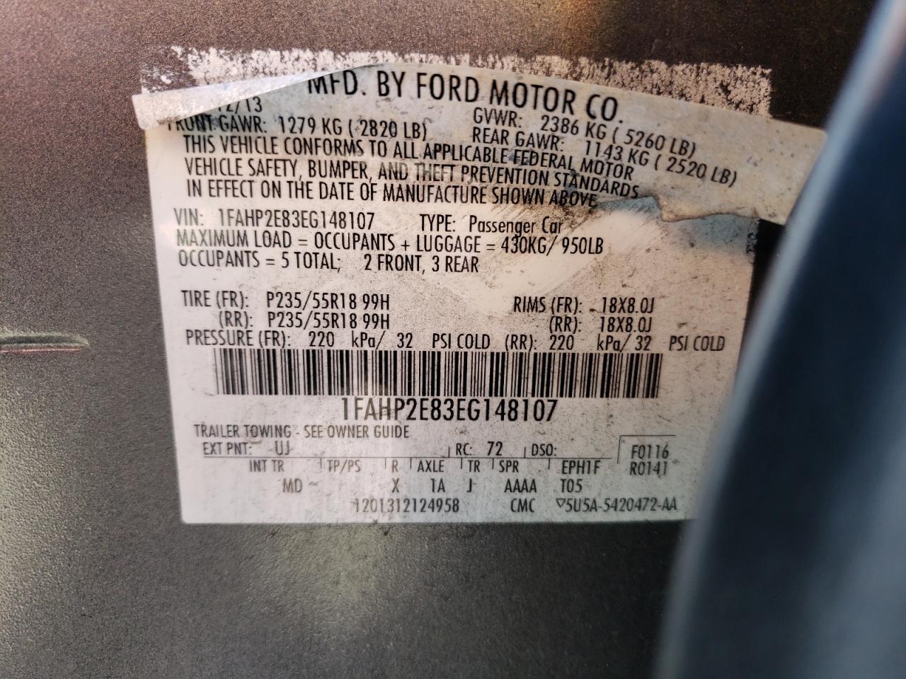 Photo 10 from auction – 2014 FORD TAURUS SEL with VIN 1FAHP2E83EG148107