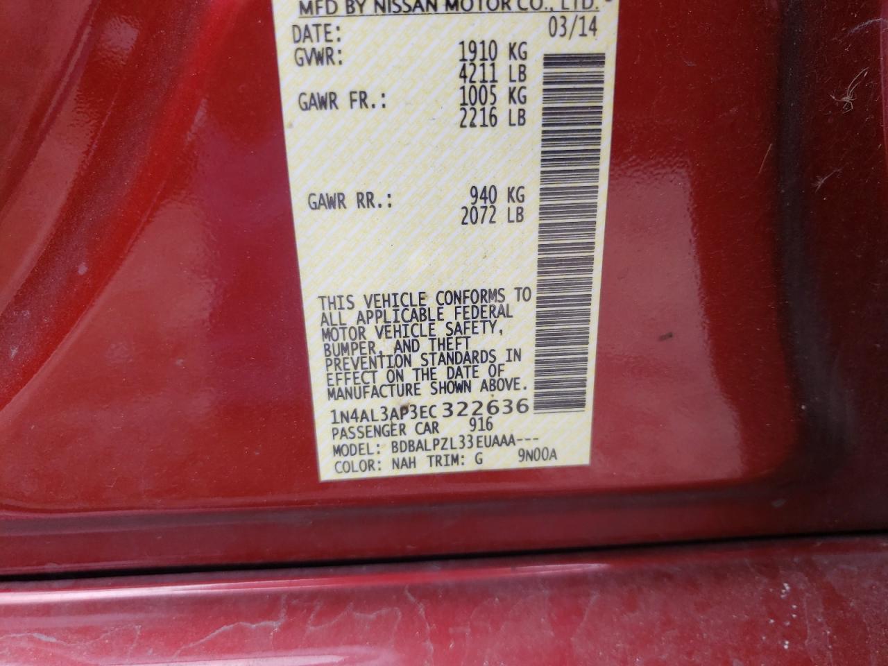 Photo 10 from auction – 2014 NISSAN ALTIMA 2.5 with VIN 1N4AL3AP3EC322636