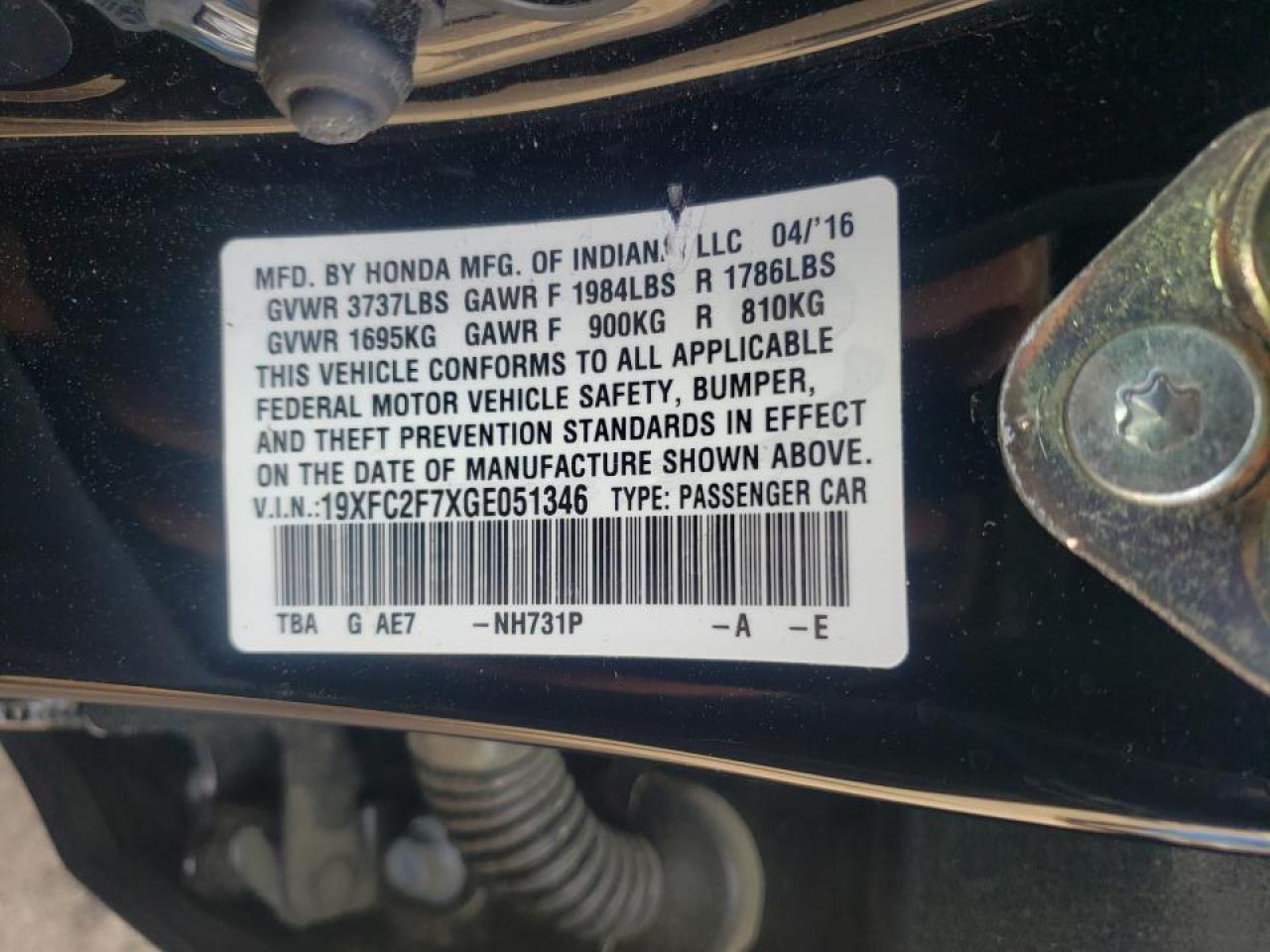 Photo 10 from auction – 2016 HONDA CIVIC EX with VIN 19XFC2F7XGE051346