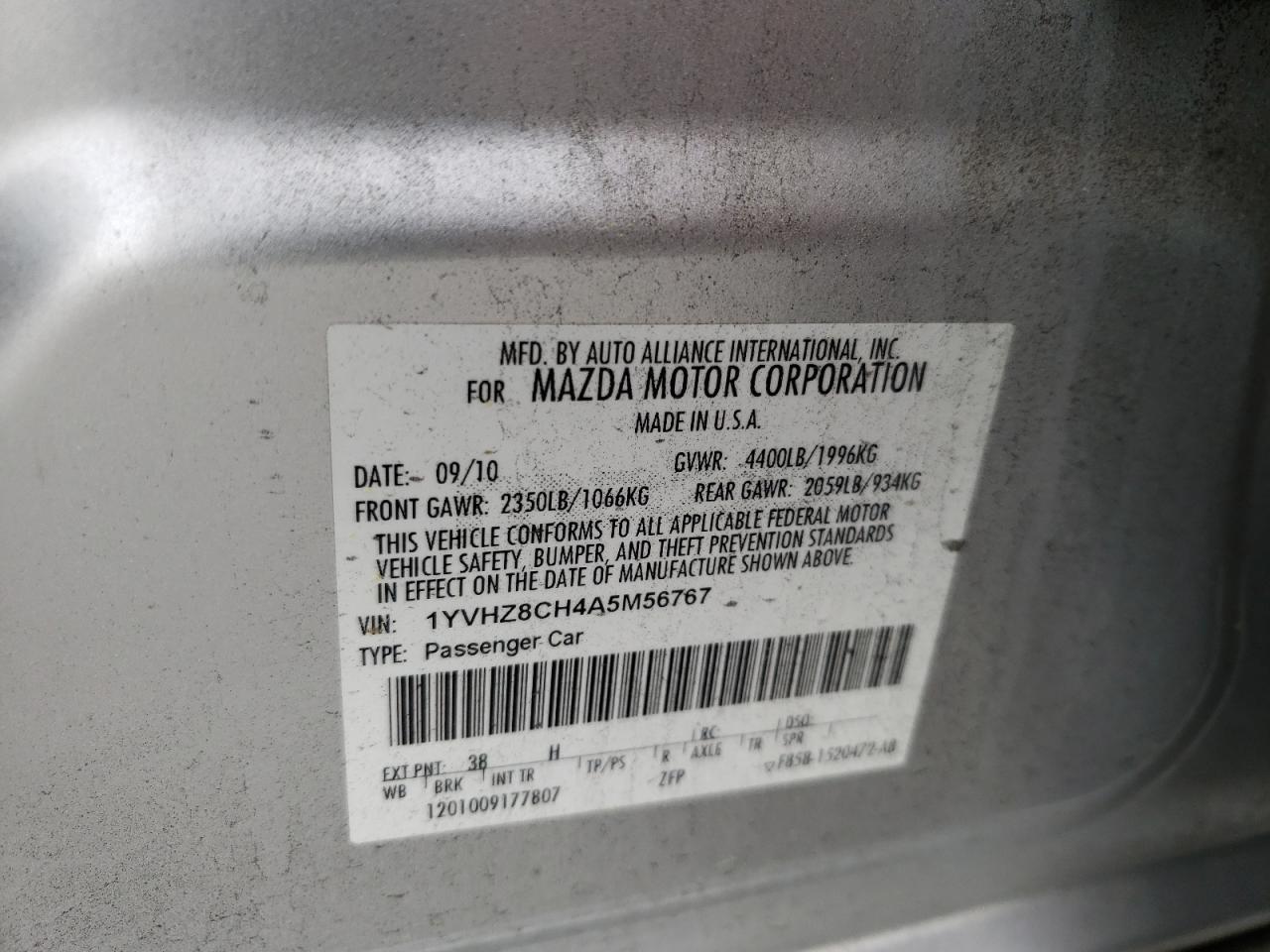 Photo 10 from auction – 2010 MAZDA 6 I with VIN 1YVHZ8CH4A5M56767