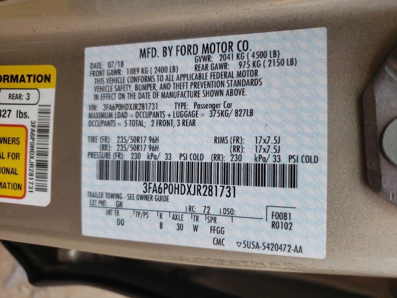 Photo 10 from auction – 2018 FORD FUSION SE with VIN 3FA6P0HDXJR281731