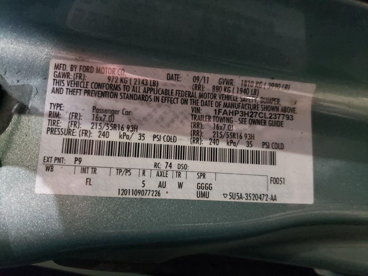 Photo 10 from auction – 2012 FORD FOCUS SEL with VIN 1FAHP3H27CL237793