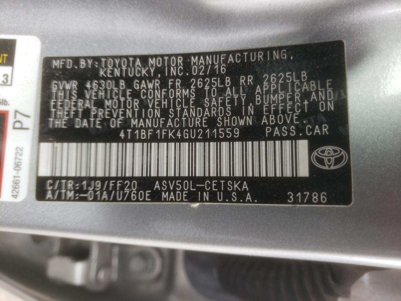 Photo 10 from auction – 2016 TOYOTA CAMRY LE with VIN 4T1BF1FK4GU211559