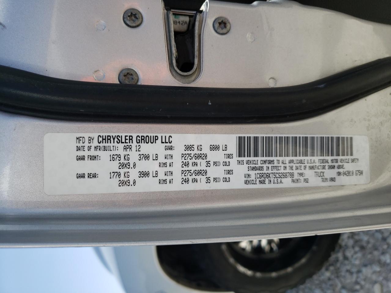 Photo 10 from auction – 2012 DODGE R1500 with VIN 1C6RD6KT5CS268788