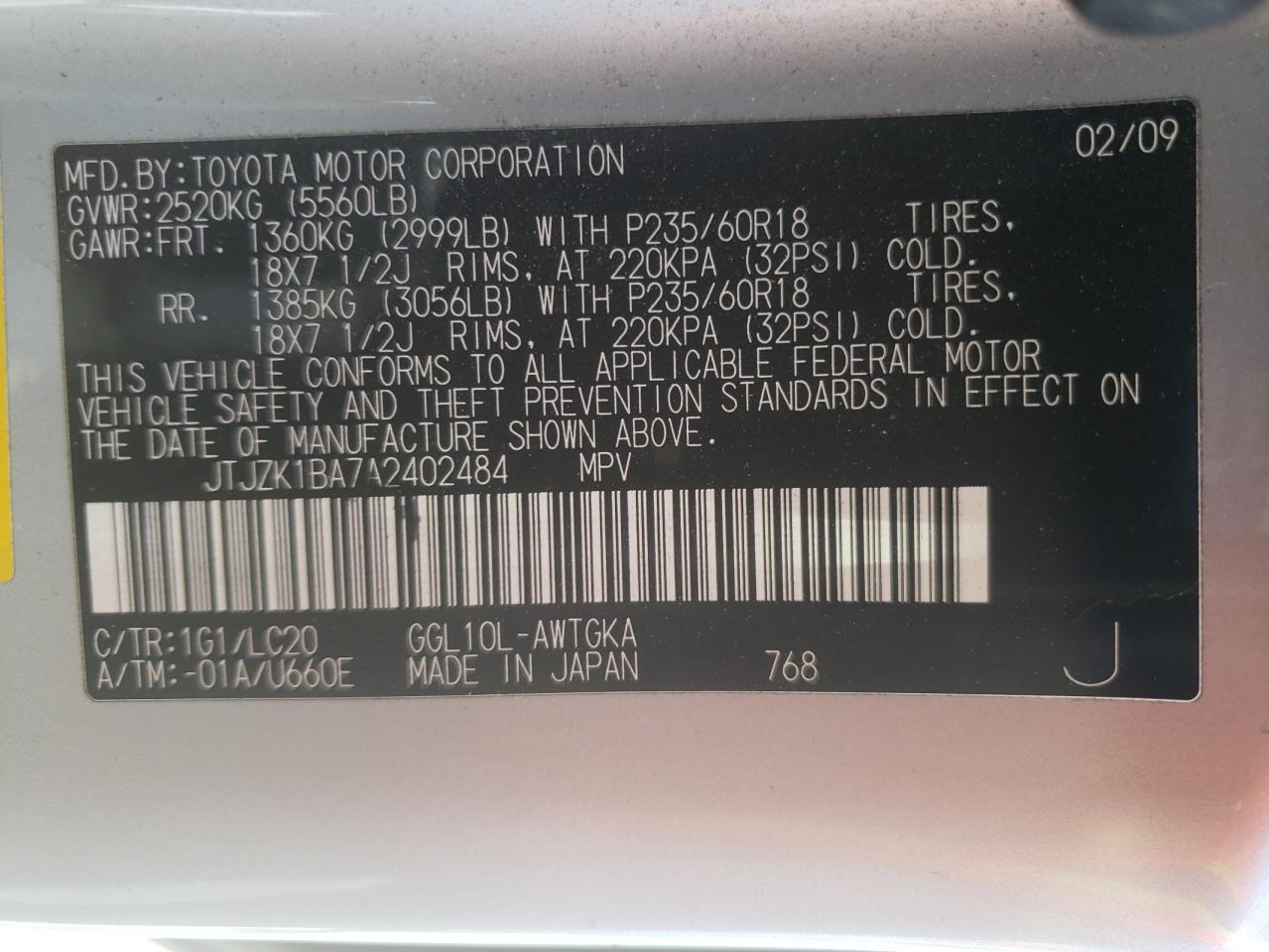 Photo 10 from auction – 2010 LEXUS RX 350 with VIN JTJZK1BA7A2402484