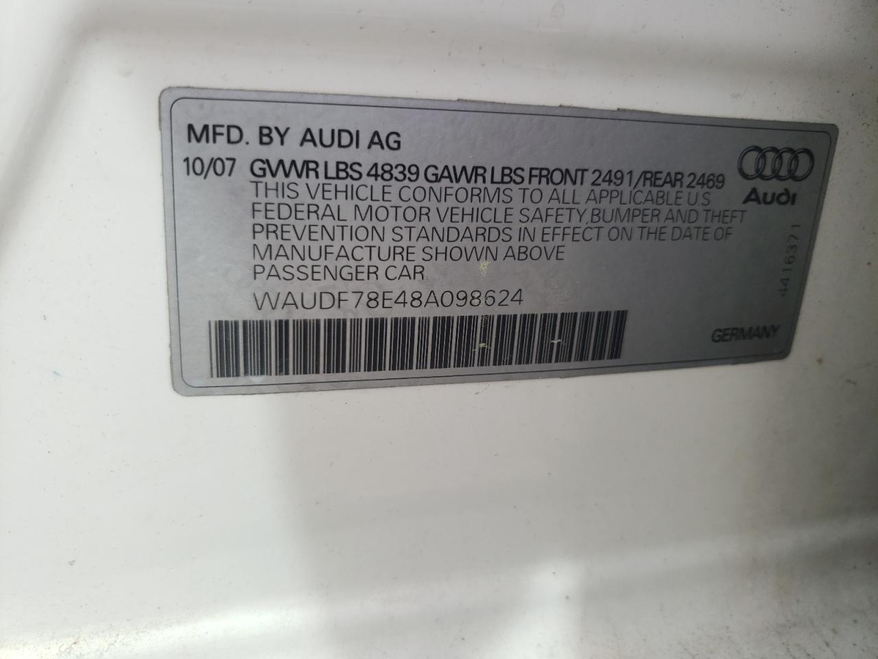 Photo 10 from auction – 2008 AUDI A4 2.0T QU with VIN WAUDF78E48A098624